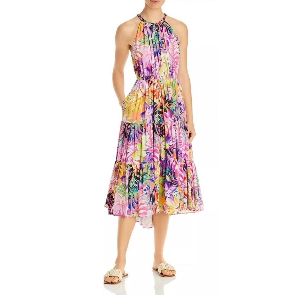 Kobi Halperin Hope Floral Tiered Halter Dress Pink Sleeveless Multi Sz S $498